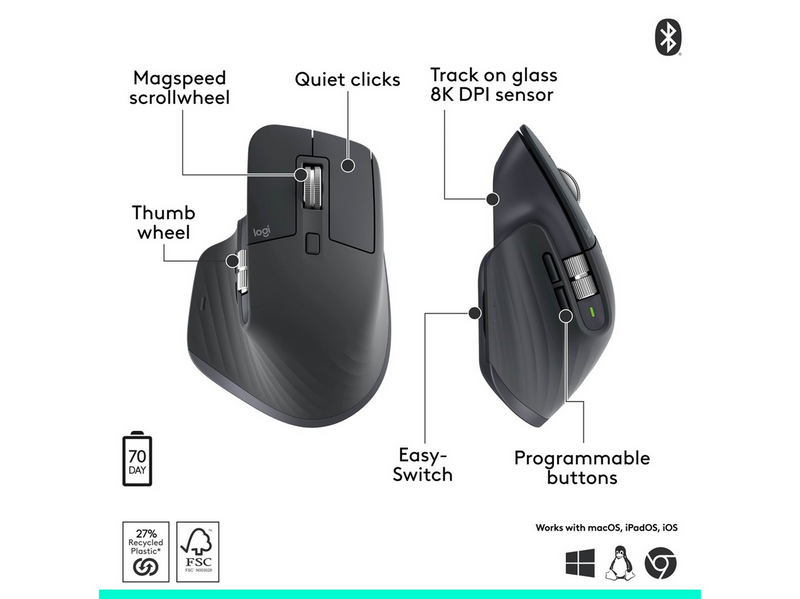 Logitech MX Master 3S (Bluetooth Edition) - Ergonomische Maus (Grau)