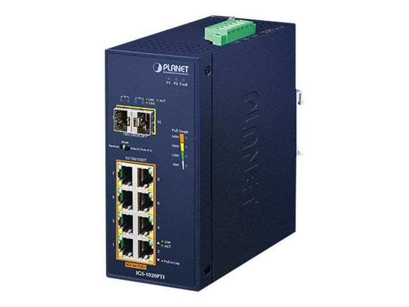 PLANET IGS-1020PTF Industrial 8-Port 10/100/1000T 802.3at PoE + 2-Port 100/1000X SFP Ethernet