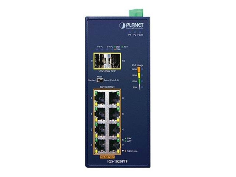 PLANET IGS-1020PTF Industrial 8-Port 10/100/1000T 802.3at PoE + 2-Port 100/1000X SFP Ethernet