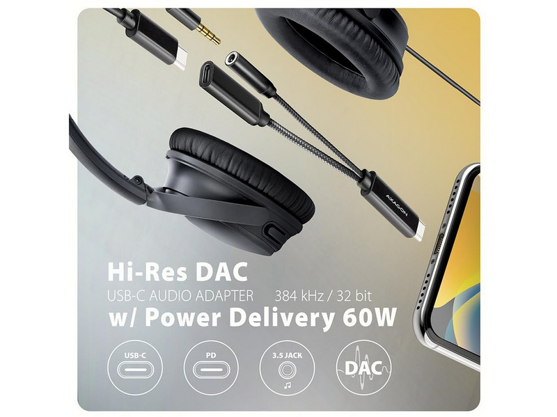 AXAGON Hi-Res DAC Audio Adapter - USB-C to USB-C PD / 3.5 mm Audio Jack (female) - 10 cm