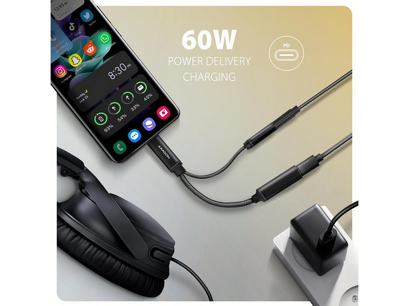 AXAGON Hi-Res DAC Audio Adapter - USB-C to USB-C PD / 3.5 mm Audio Jack (female) - 10 cm