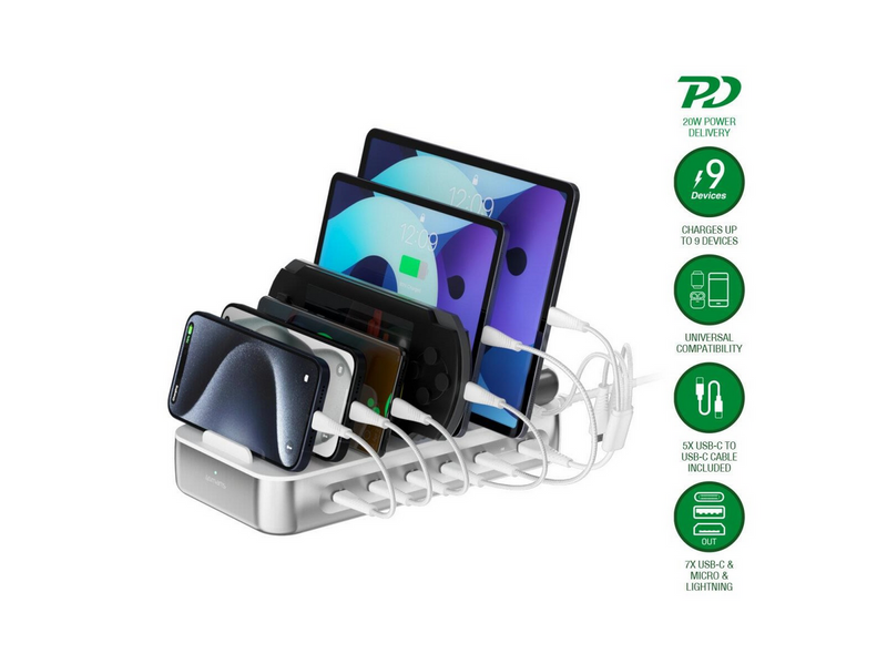 4smarts Charging station Team 100W 1x USB-A port 5x USB-C ports includes 6 cables silver