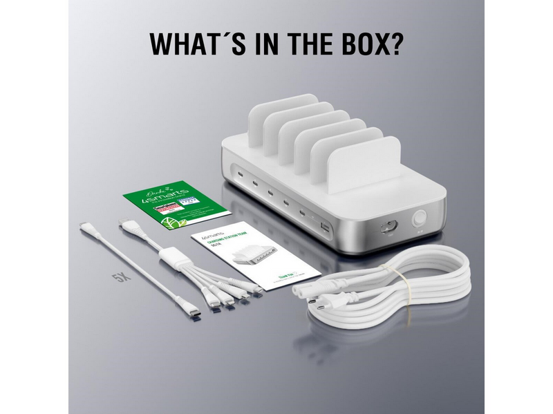 4smarts Charging station Team 100W 1x USB-A port 5x USB-C ports includes 6 cables silver