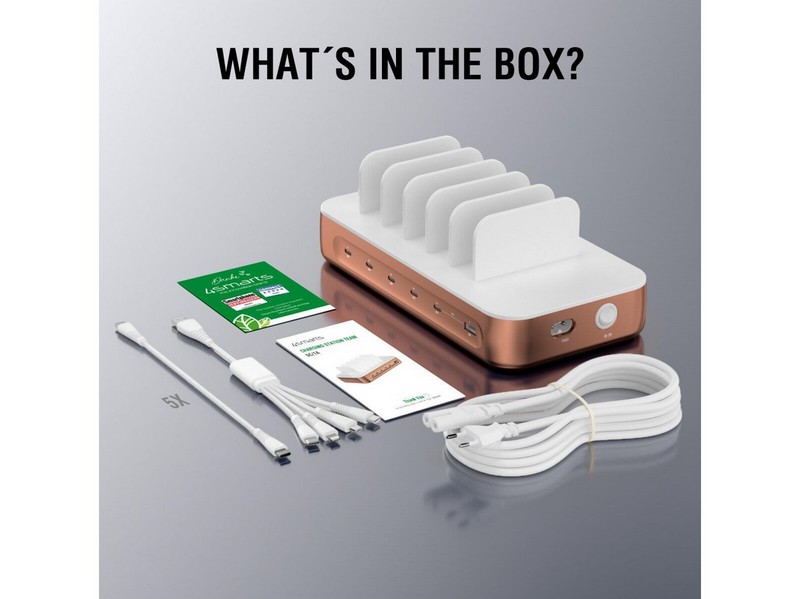 4smarts Charging station Team 100W 1x USB-A port 5x USB-C ports includes 6 cables copper
