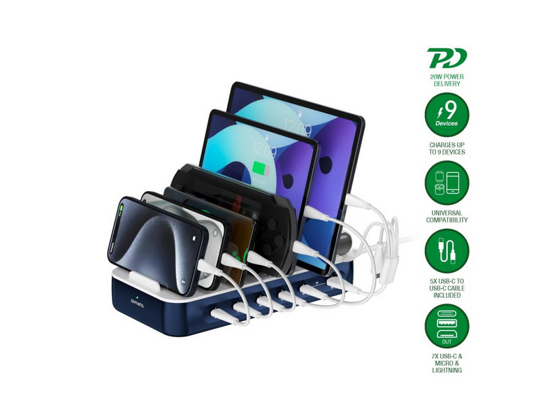 4smarts Charging station Team 100W 1x USB-A port 5x USB-C ports includes 6 cables navy