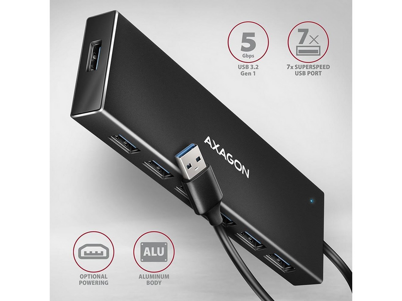 AXAGON SuperSpeed USB-A Flat Hub with 1 m Cable USB-Hubs - USB 3.2 - 7 - Schwarz