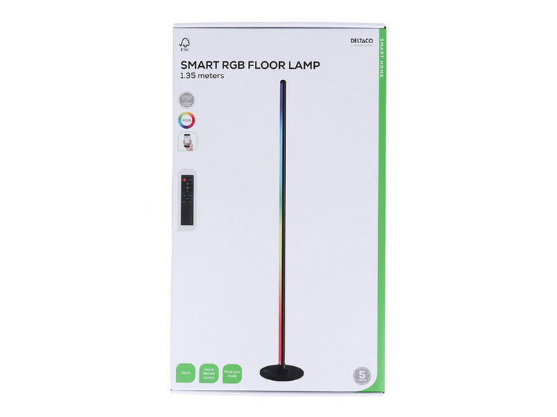 Deltaco Smart Home Floor Lamp.1.35m Remote & App Control Black
