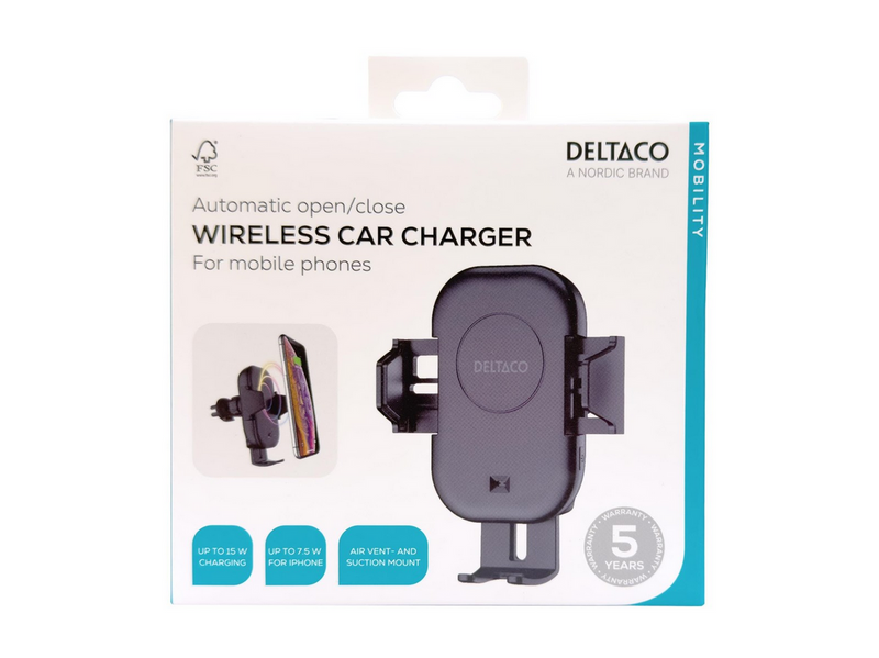 Deltaco Wireless car charger | 15 W | automatic open and close | dual mounts | black