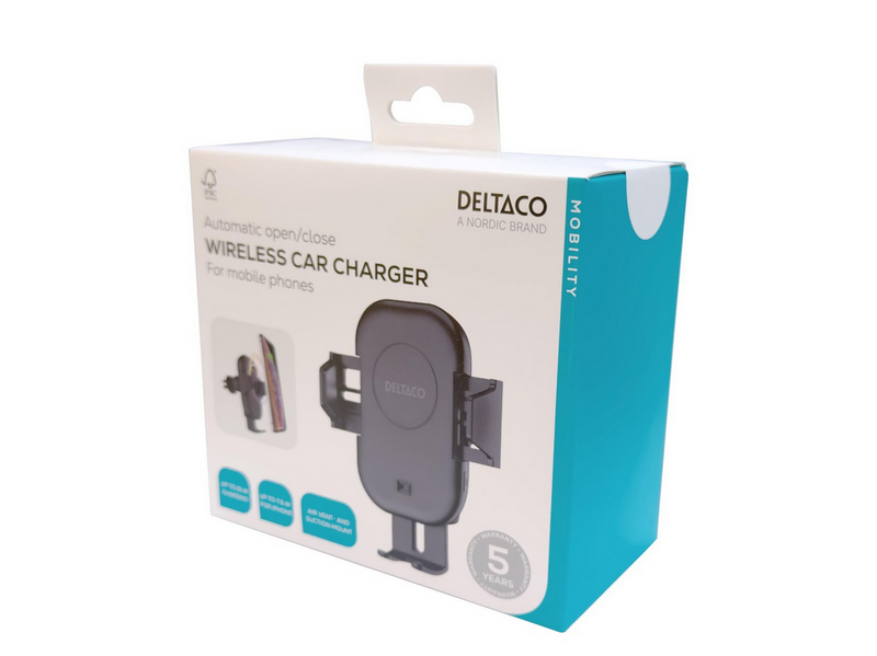 Deltaco Wireless car charger | 15 W | automatic open and close | dual mounts | black