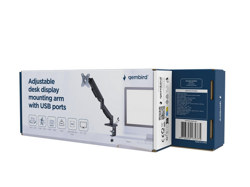 Gembird Adjustable desk display mounting arm with USB ports 1-display 17"-32"