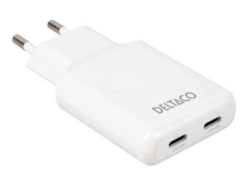 Deltaco Slim USB-C Wall Charger 45W | 2x USB-C | PPS + PD | White