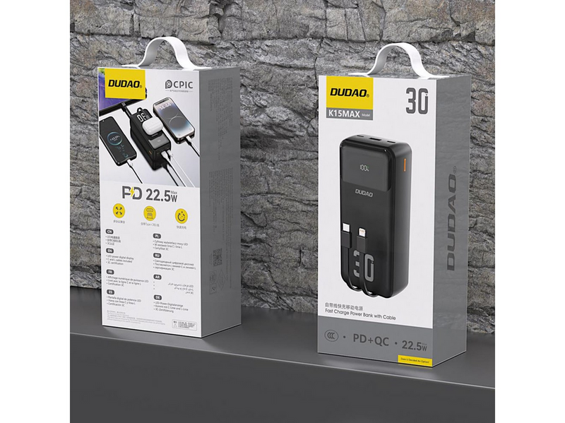 Dudao K15MAX PD 22.5 W Powerbank with Built-in Cables - Black - 30000 mAh
