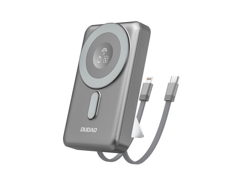 Dudao K29 10000mAh PD 20W MagSafe Power Bank with Metal Case Stand and Built-in USB-C/ Lightning Cables - Gray - 10000 mAh