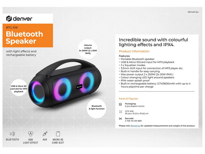 DENVER BTG-618 - Bluetooth Speaker with light effects and rechargeable battery