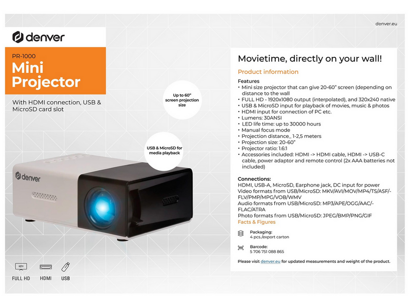 DENVER Projektoren PR-1000 - Mini projector with included power adaptor and HDMI cables. - 320 x 240 - 30 lumens