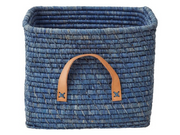 Rice Small Square Raffia Basket with Leather Handles