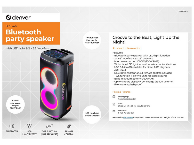 DENVER BPS-370 - Bluetooth Party Speaker with light function & 2 x 6.5" woofers - Black