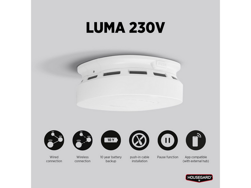 Housegard Luma 230V smoke alarm, incl. 10-year battery