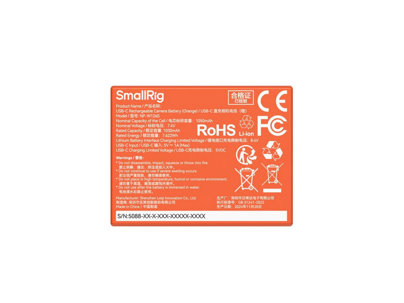 SmallRig 5088 USB-C Rechargeable Camera Battery NP-W126S Orange