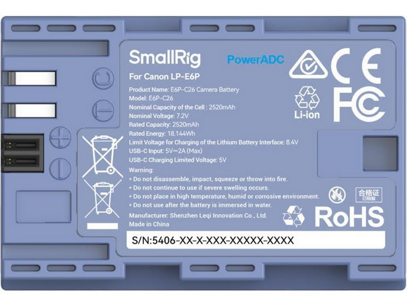 SmallRig 5406 Camera Battery USB-C Rechargable Canon LP-E6P