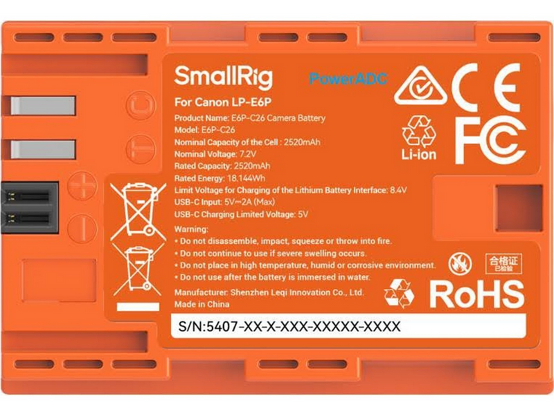 SmallRig 5407 Camera Battery USB-C Rechargeable Canon LP-E6P Orange