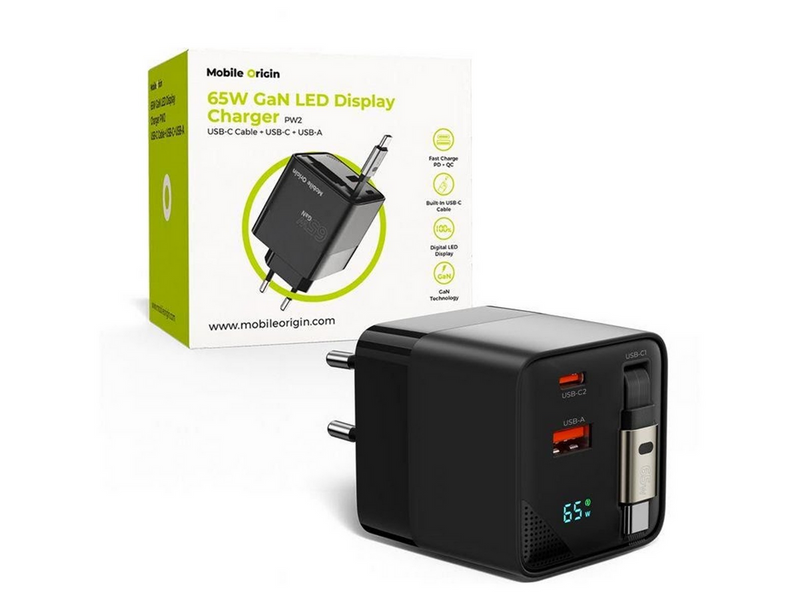 Mobile Origin 65W GaN Display Charger PW2 - USB-C Self-Retracting Cable + USB-C + USB-A