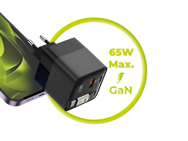 Mobile Origin 65W GaN Display Charger PW2 - USB-C Self-Retracting Cable + USB-C + USB-A