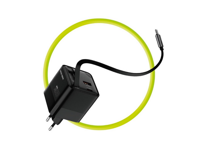 Mobile Origin 65W GaN Display Charger PW2 - USB-C Self-Retracting Cable + USB-C + USB-A