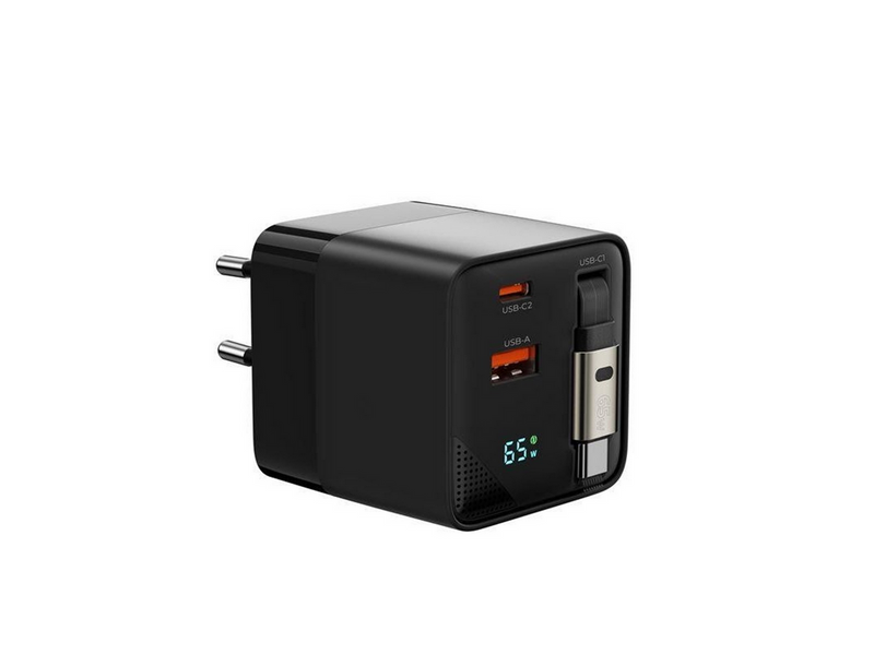 Mobile Origin 65W GaN Display Charger PW2 - USB-C Self-Retracting Cable + USB-C + USB-A