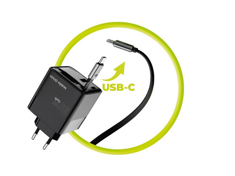 Mobile Origin 65W GaN Display Charger PW2 - USB-C Self-Retracting Cable + USB-C + USB-A