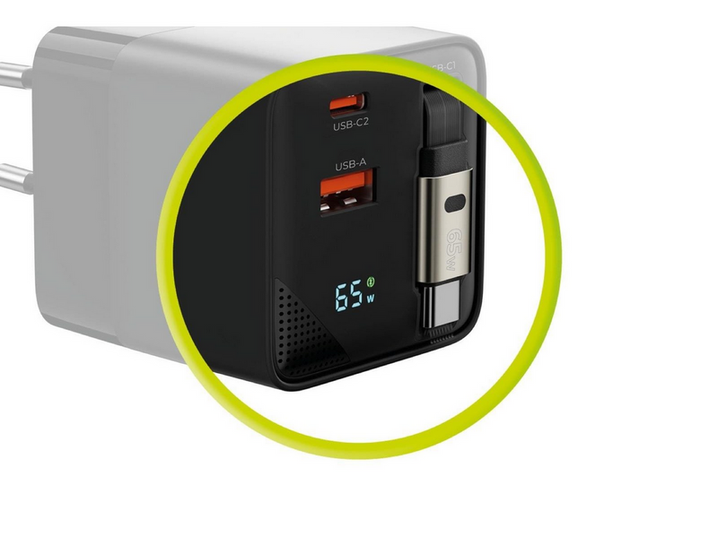 Mobile Origin 65W GaN Display Charger PW2 - USB-C Self-Retracting Cable + USB-C + USB-A