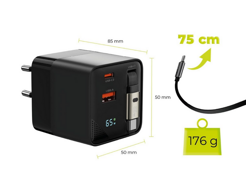 Mobile Origin 65W GaN Display Charger PW2 - USB-C Self-Retracting Cable + USB-C + USB-A