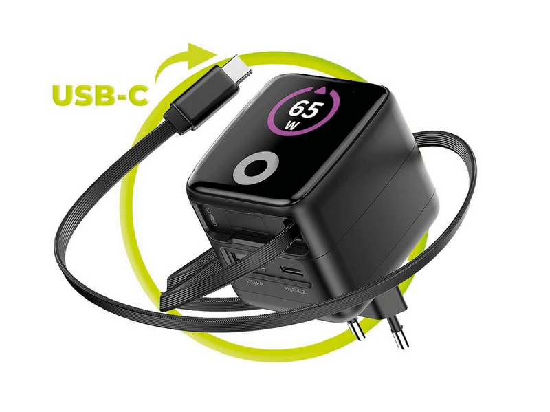 Mobile Origin 65W GaN Display Charger PW3 - USB-C Self-Retracting Cable + USB-C + USB-A