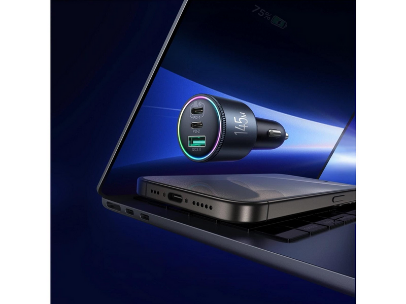 Joyroom JR-CCN07 145W Car Charger 2xUSB-C USB-A + 100W USB-C Cable - Dark Grey