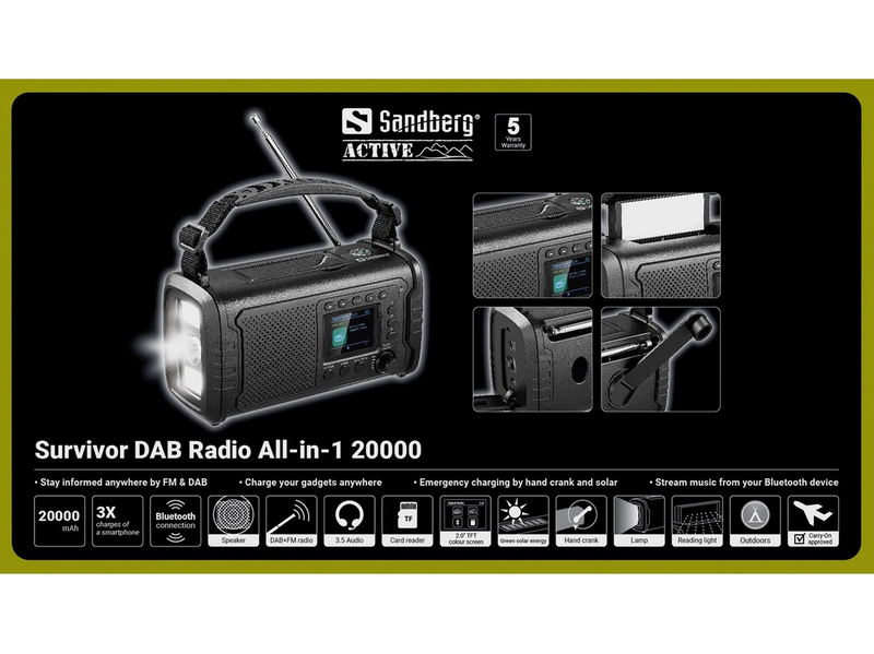 Sandberg Survivor DAB+ Radio All-in-1 20000 - DAB+/FM