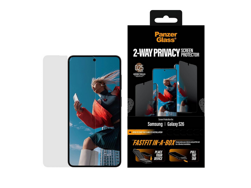 PanzerGlass 2-Way Privacy Screen Protector Samsung Galaxy S26 | Ultra-Wide Fit w. FASTFIT IN-A-BOX
