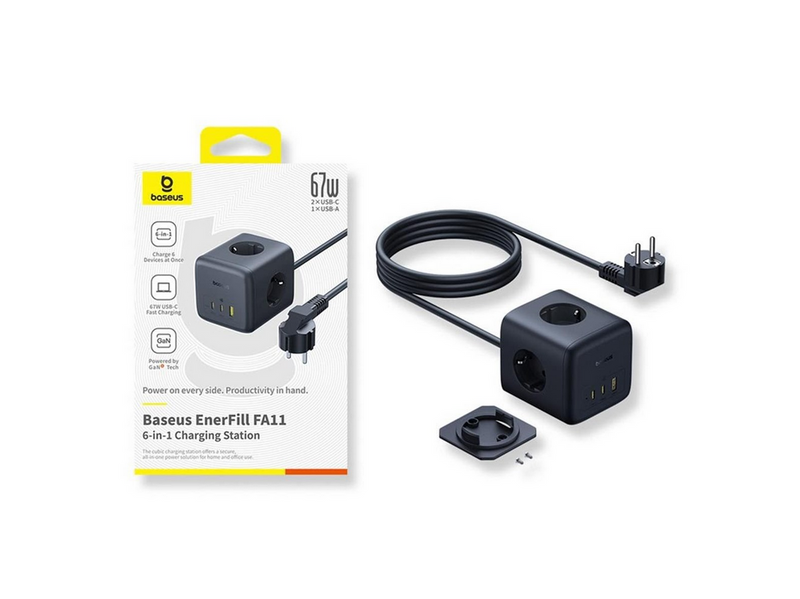Baseus EnerFill FA11 67W Power Strip USB-A + USB-C Cube + 3 x EU Socket 1.5m - Black