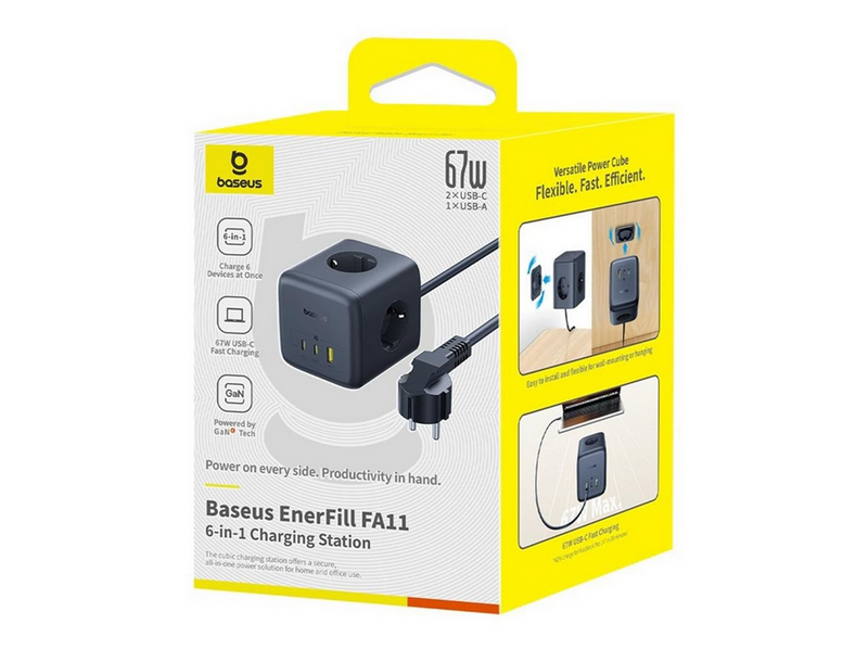 Baseus EnerFill FA11 67W Power Strip USB-A + USB-C Cube + 3 x EU Socket 1.5m - Black