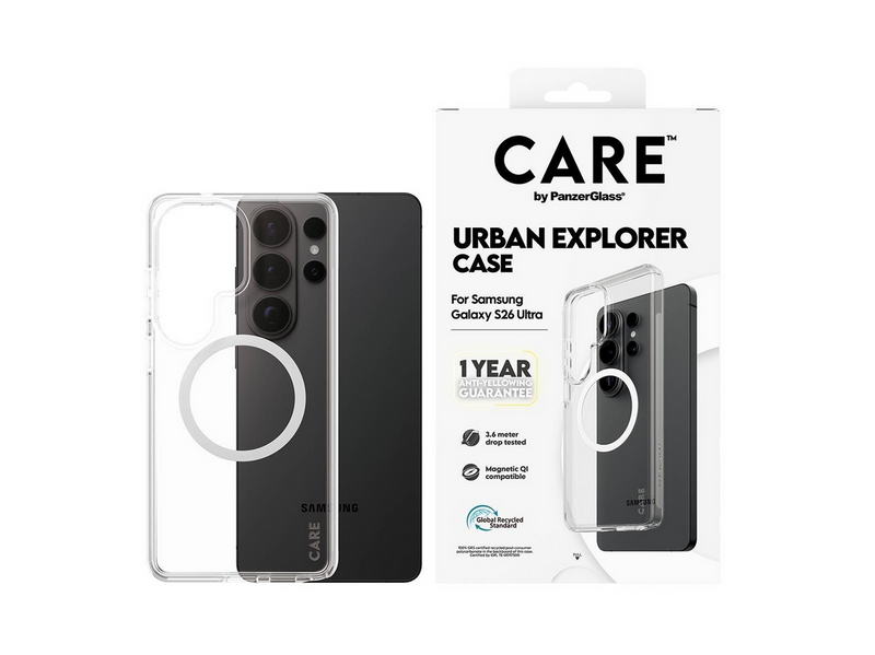 CARE by PanzerGlass Urban Explorer Case Transparent w. White Qi Samsung Galaxy S26 Ultra