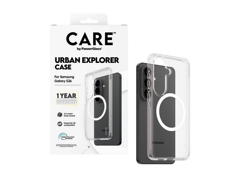 CARE by PanzerGlass Urban Explorer Case Transparent w. White Qi Samsung Galaxy S26