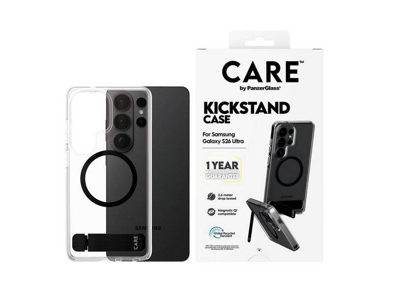 CARE by PanzerGlass Urban Explorer Case Transparent w. Black Kickstand & Qi Samsung Galaxy S26 Ultra
