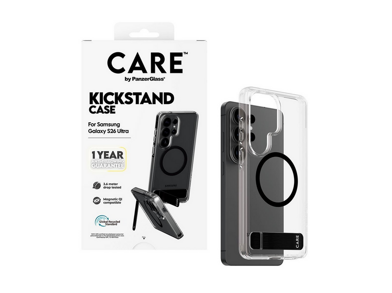 CARE by PanzerGlass Urban Explorer Case Transparent w. Black Kickstand & Qi Samsung Galaxy S26 Ultra