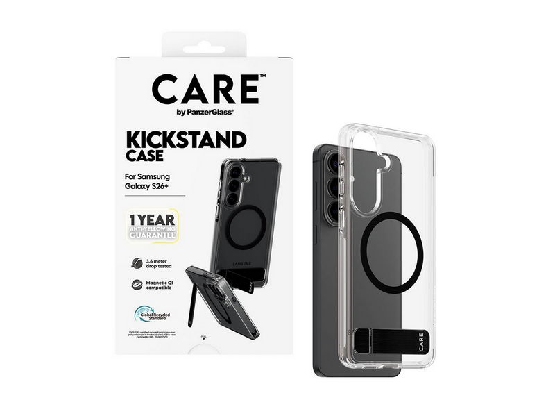 CARE by PanzerGlass Urban Explorer Case Transparent w. Black Kickstand & Qi Samsung Galaxy S26+