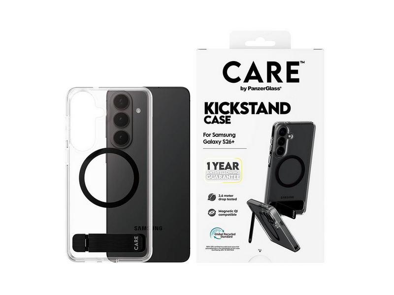 CARE by PanzerGlass Urban Explorer Case Transparent w. Black Kickstand & Qi Samsung Galaxy S26+