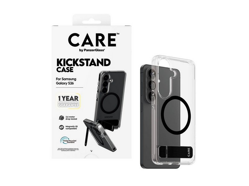 CARE by PanzerGlass Urban Explorer Case Transparent w. Black Kickstand & Qi Samsung Galaxy S26