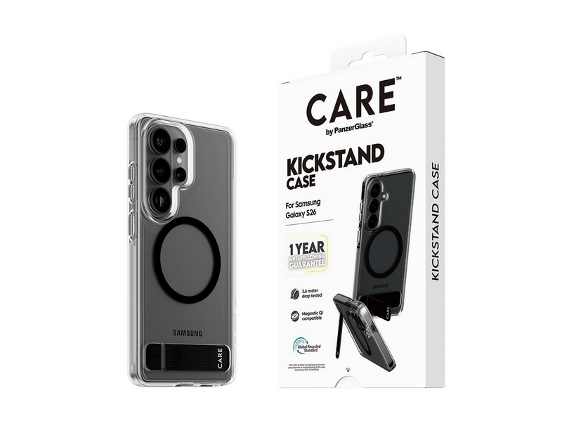 CARE by PanzerGlass Urban Explorer Case Transparent w. Black Kickstand & Qi Samsung Galaxy S26
