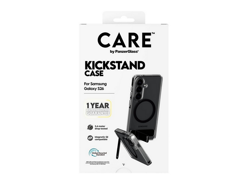 CARE by PanzerGlass Urban Explorer Case Transparent w. Black Kickstand & Qi Samsung Galaxy S26