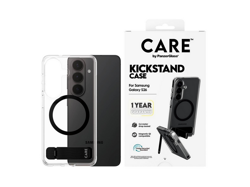 CARE by PanzerGlass Urban Explorer Case Transparent w. Black Kickstand & Qi Samsung Galaxy S26