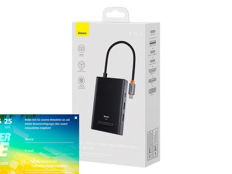 Baseus PioneerJoy 8-in-1 USB-C hub HDMI 4K@60Hz + HDMI 4K@30Hz + DisplayPort 8K@30Hz + VGA + 2 x USB-A 3.0 + 2 x USB-C - gray USB-Hubs