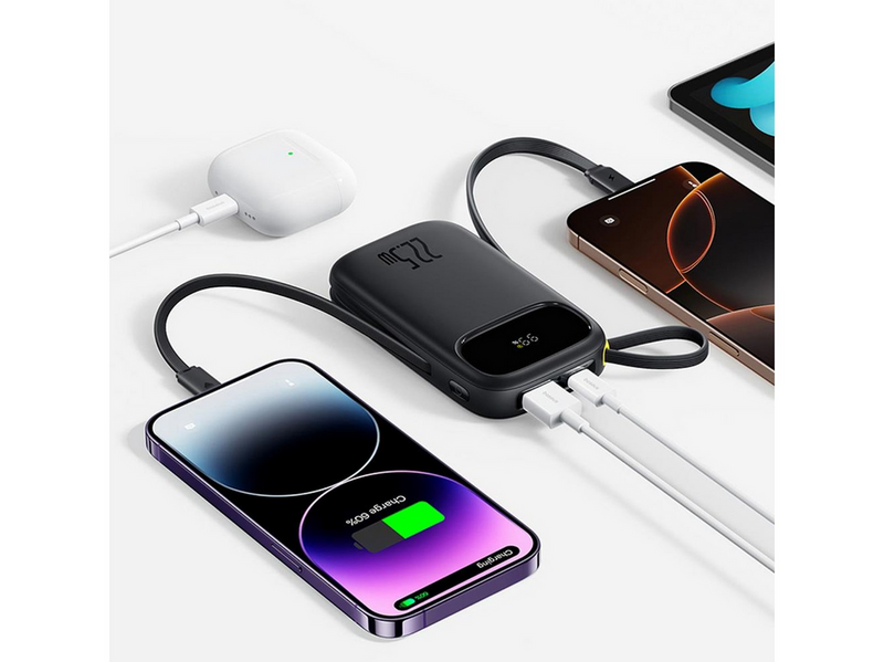 Baseus EnerFill FC31 10000mAh 22.5W Powerbank with Digital Display and 2 Built-in Cables (USB-C + Lightning) - Black - 10000 mAh